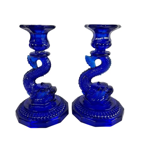Pair of Cobalt Blue Glass Dolphin Koi Fish Candlestick Holder Hexagon Base - Picture 3 of 8